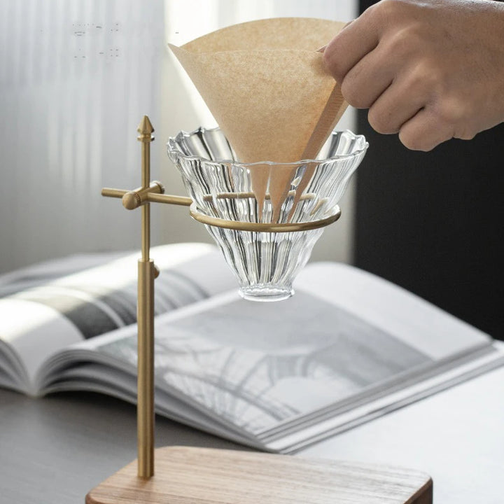 Adjustable Solid Wood Coffee Drip Stand – Brass Holder
