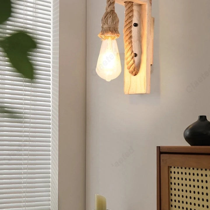 Retro LED Wall Lamp – Solid Wood & Hemp Rope Lighting