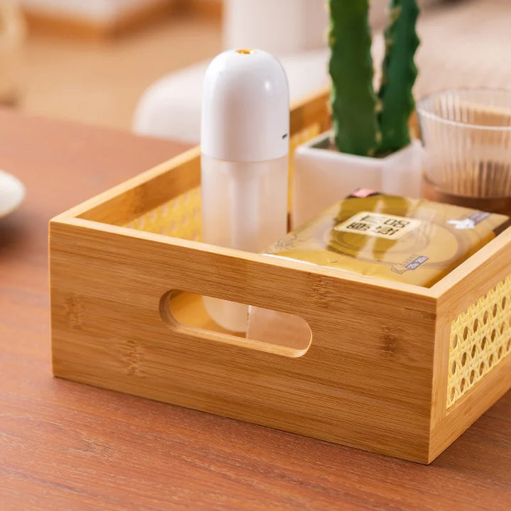 Bamboo Grid Storage Box with Acrylic Lid – Rectangular Organizer Tray for Cosmetics, Bedroom & Living Room