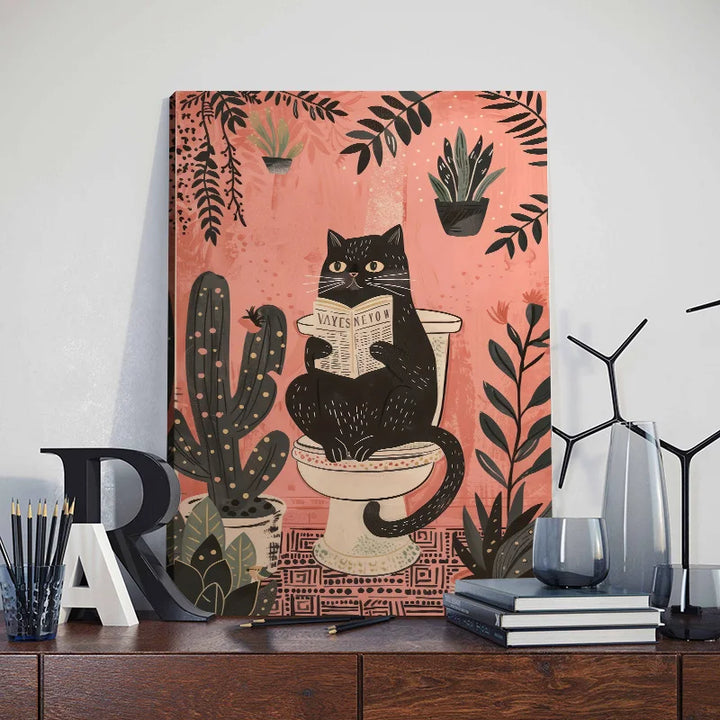 Póster divertido de gato negro leyendo en el inodoro, impresiones de animales para el baño, pintura en lienzo, arte de pared, imágenes para el inodoro, decoración del baño.
