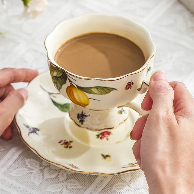 Vintage Lemon Porcelain Coffee Mug with Tray