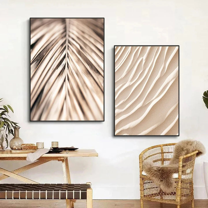Nordic Beige Palm Leaf Canvas – Modern Wall Art Trio