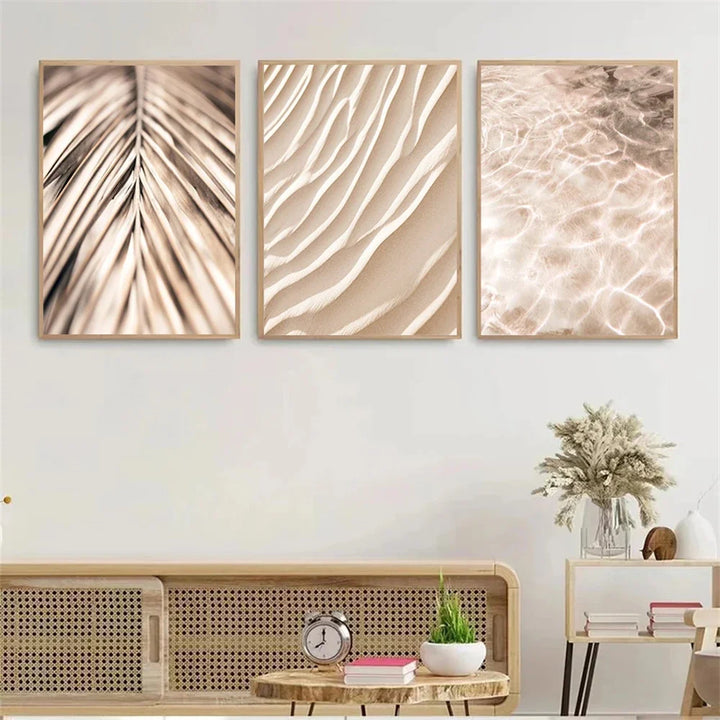 Nordic Beige Palm Leaf Canvas – Modern Wall Art Trio