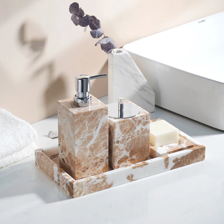 Coral Pink Marble Bathroom Set – 7-Piece Natural Stone Accessories | Soap Dispenser, Toothbrush Holder, Tissue Box, Tray & More