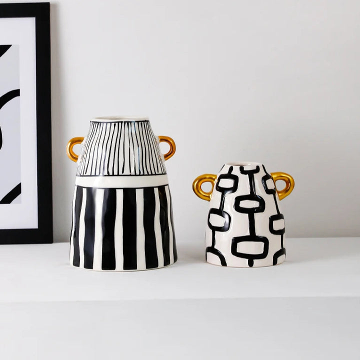 Black & White Striped Ceramic Vase – Modern Home Decor