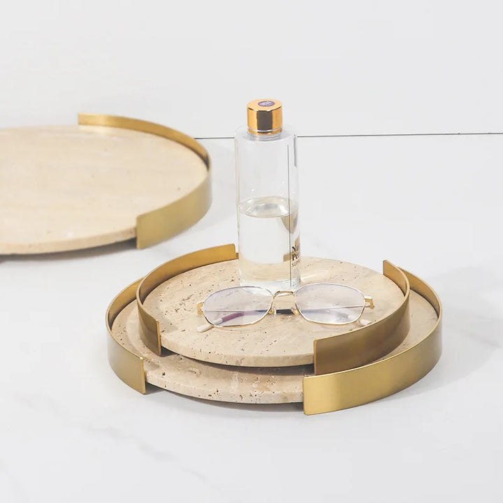 Round Travertine Tray with Metal Frame