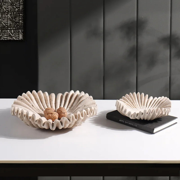 Handcrafted Travertine Ruffle Bowl – Fluted Marble Centerpiece for Kitchen, Living Room, Fruit, Jewelry & Home Decor