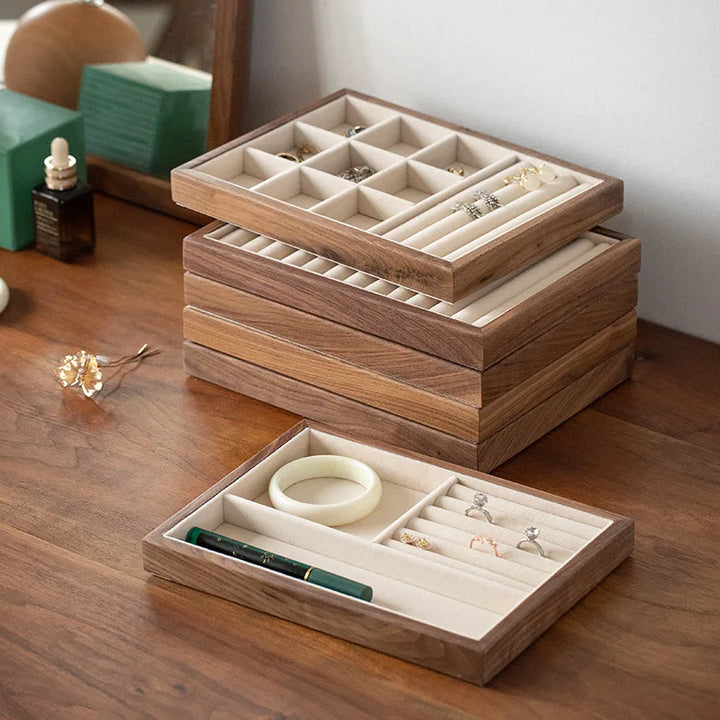 Black Walnut Jewelry Storage Box – Stackable Wooden Organizer with Large Capacity for Earrings, Necklaces & Accessories