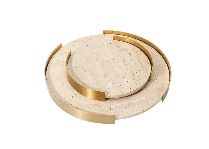 Round Travertine Tray with Metal Frame