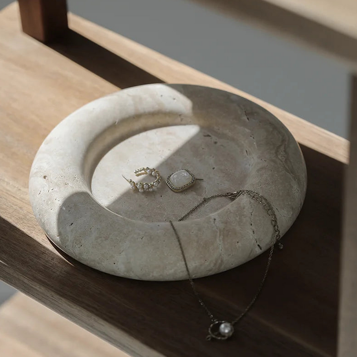 Beige Travertine Round Tray – Decorative Stone Vanity Plate