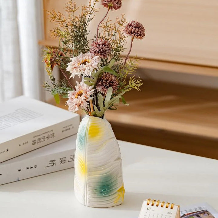 Modern Banana Leaf Ceramic Vase – Colorful Abstract Glazed Decor