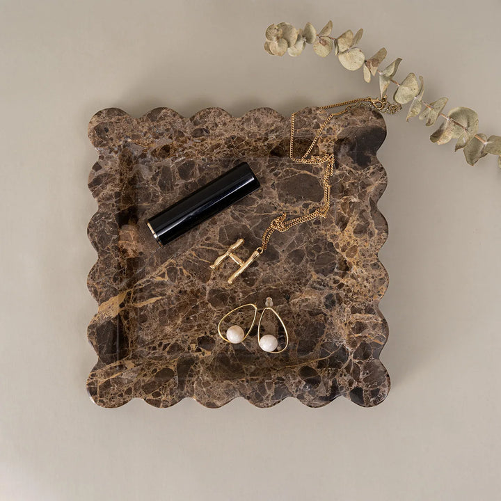 Natural Travertine Marble Tray – Scalloped Luxury Jewelry & Display Plate | Square Stone Organizer for Home & Vanity Decor