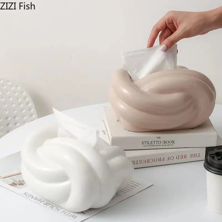 Ceramic Tissue Box with Wool Ball Accent – Modern Napkin Holder & Desk Storage Decoration