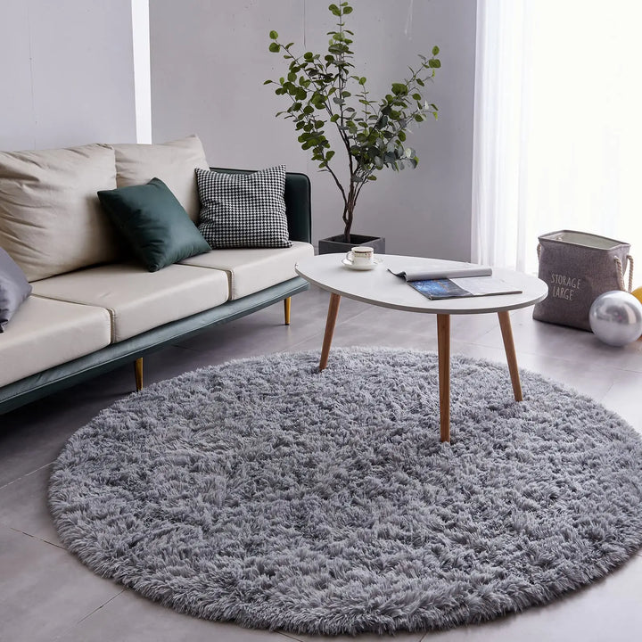 Round Plush Carpet – Gray Fluffy Area Rug for Living Room