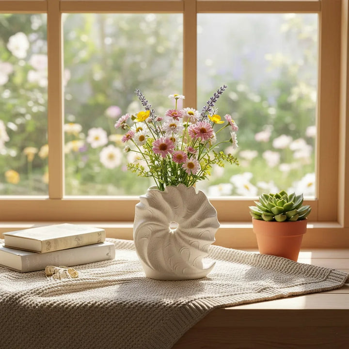 Beige Ceramic Conch Vase – Modern Coastal Table Decor