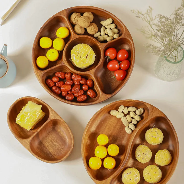 Acacia Wood Snack Plate – Solid Wood Multi-Compartment Tray for Dried Fruit, Nuts, Salad | Rustic Chinese Style Serving Bowl