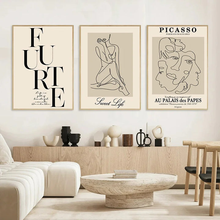 Abstract Beige Matisse Line Art Canvas for Modern Decor