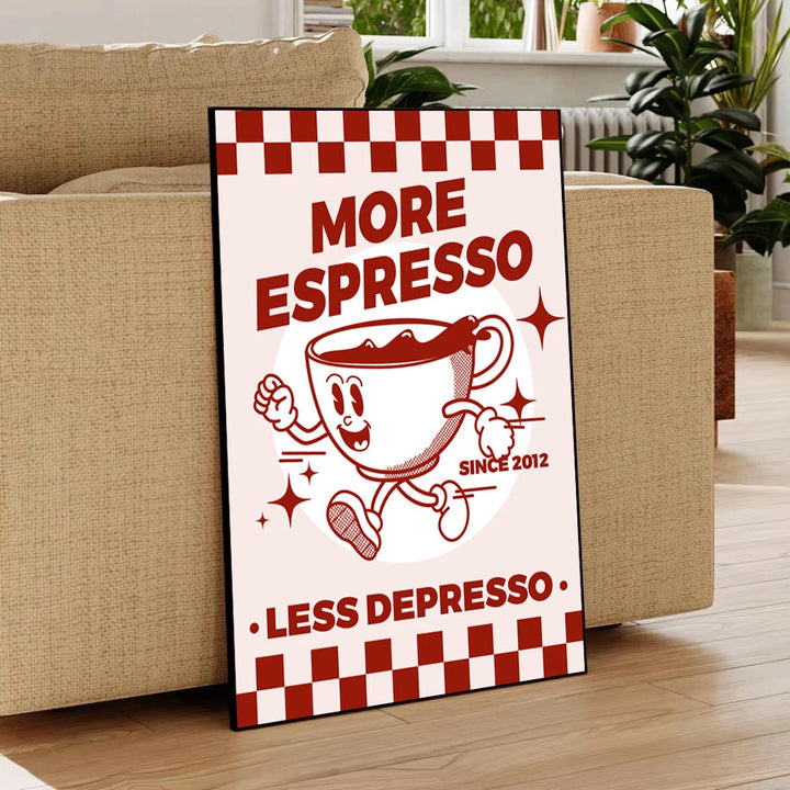 "More Espresso Less Depresso" Wall Art – Funky Coffee Quote Canvas Print for Kitchen, Café & Home Décor