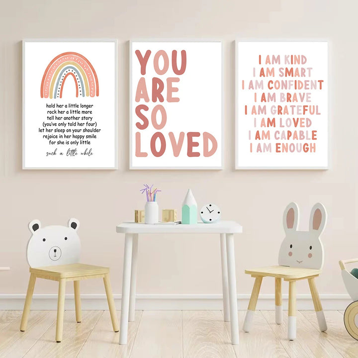 Pink Rainbow Quote Canvas Print – Cartoon Nursery Wall Art for Baby Girls | Unframed Nordic Poster Set for Kids Room Decor