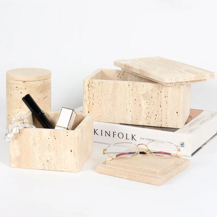 Natural Travertine Marble Storage Box – Decorative Bathroom Organizer for Jewelry, Cotton Swabs & Vanity Essentials
