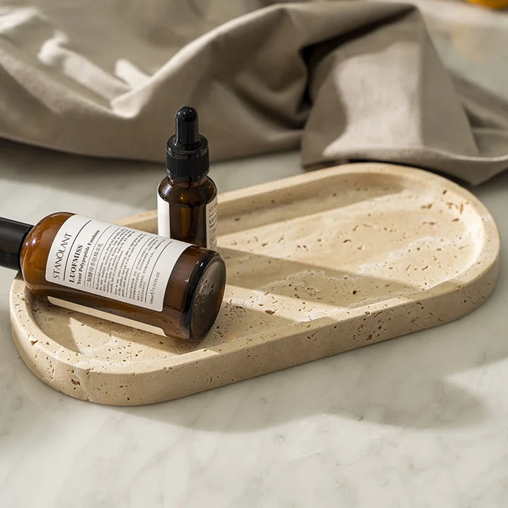 Travertine Stone Vanity Tray – Luxury Marble Organizer for Bathroom, Kitchen, Jewelry & Perfume Display