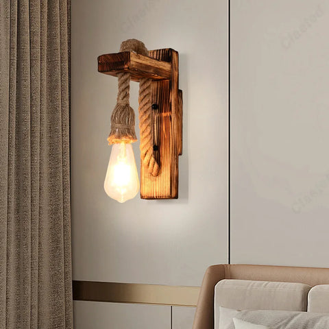 Retro LED Wall Lamp – Solid Wood & Hemp Rope Lighting