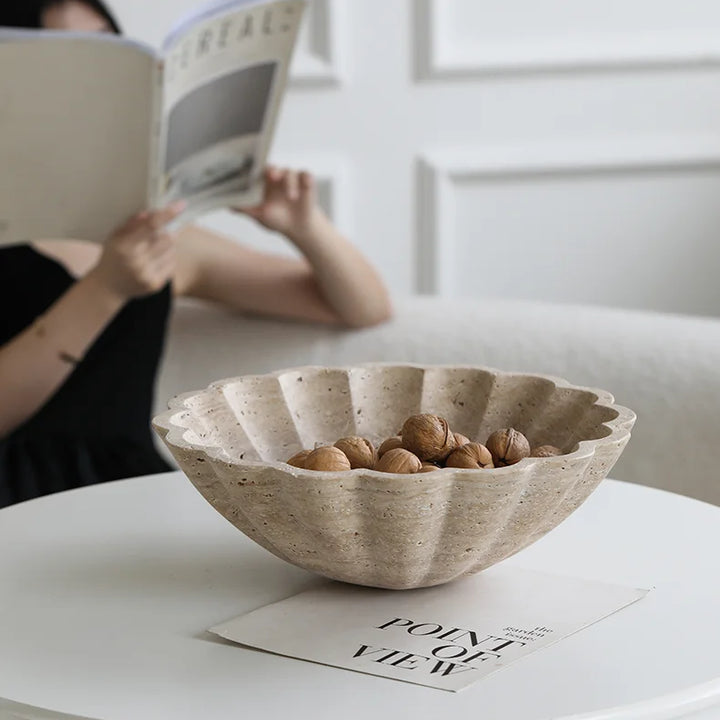 Large Travertine Ruffle Bowl – Marble Serving Tray for Home Decor