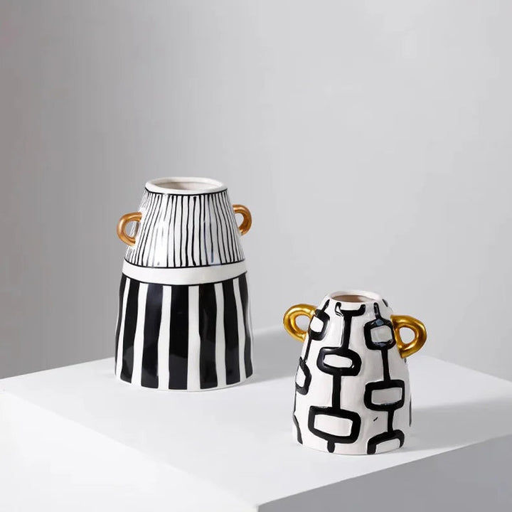 Black & White Striped Ceramic Vase – Modern Home Decor