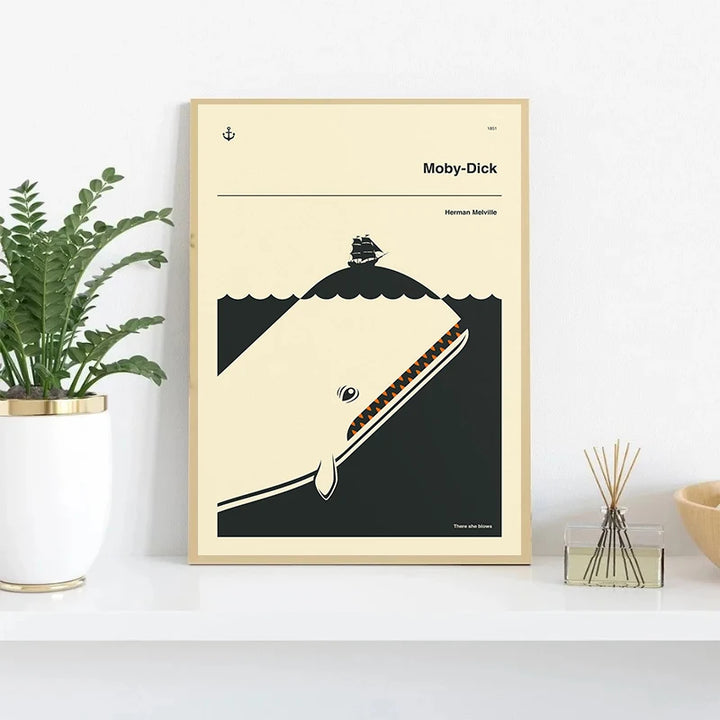 Minimalist Classic Book Cover Poster – Moby-Dick & Alice in Wonderland Canvas Wall Art | Literary Home Decor Print