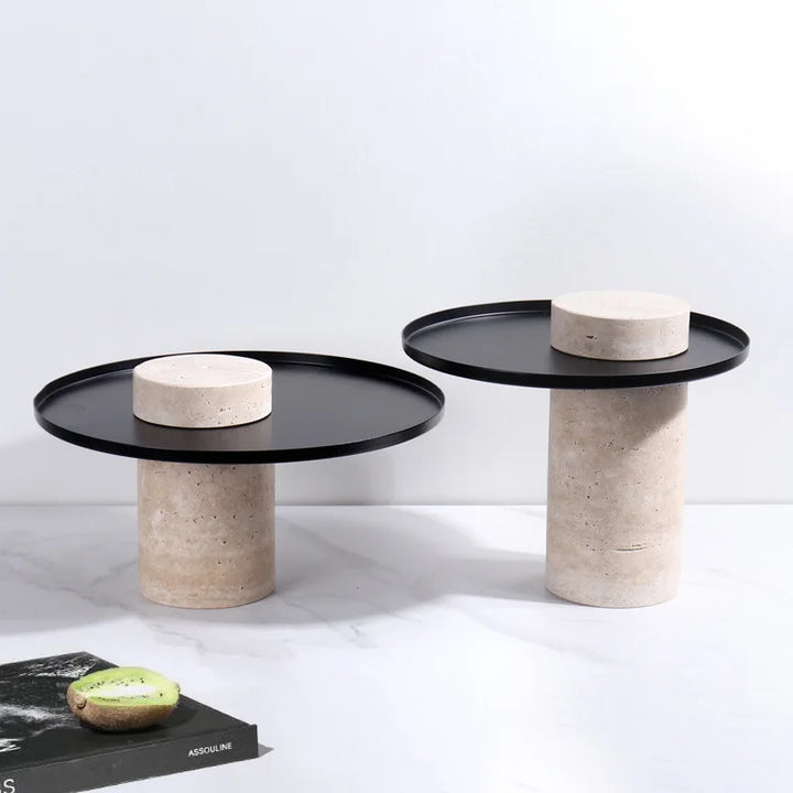 Beige Travertine Serving Tray with Metal Base