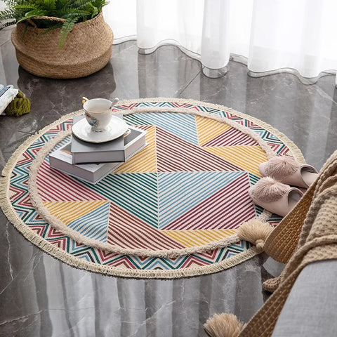 Moroccan Cotton Linen Round Rug – Geometric Floor Decor