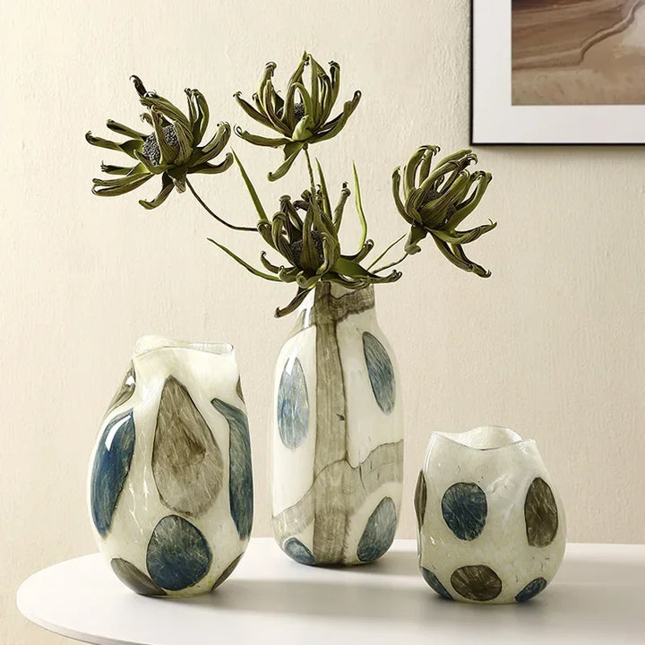 Blue & Green Grid Spot Glass Vase – Modern Pebble-Pattern Decorative Flower Vase for Home & Terrariums