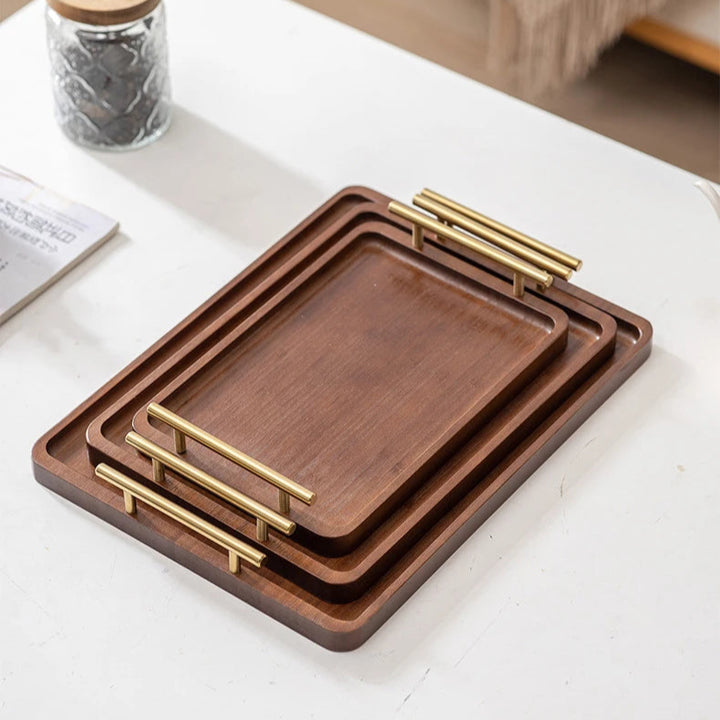 Bamboo Serving Tray with Metal Handles – Wooden Organizer