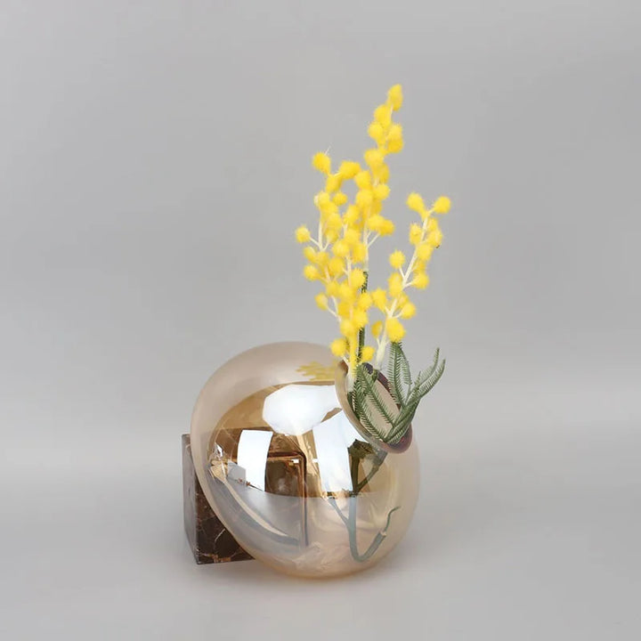 Brown Glass Vase with Marble Base – Modern Desk Flower Pot