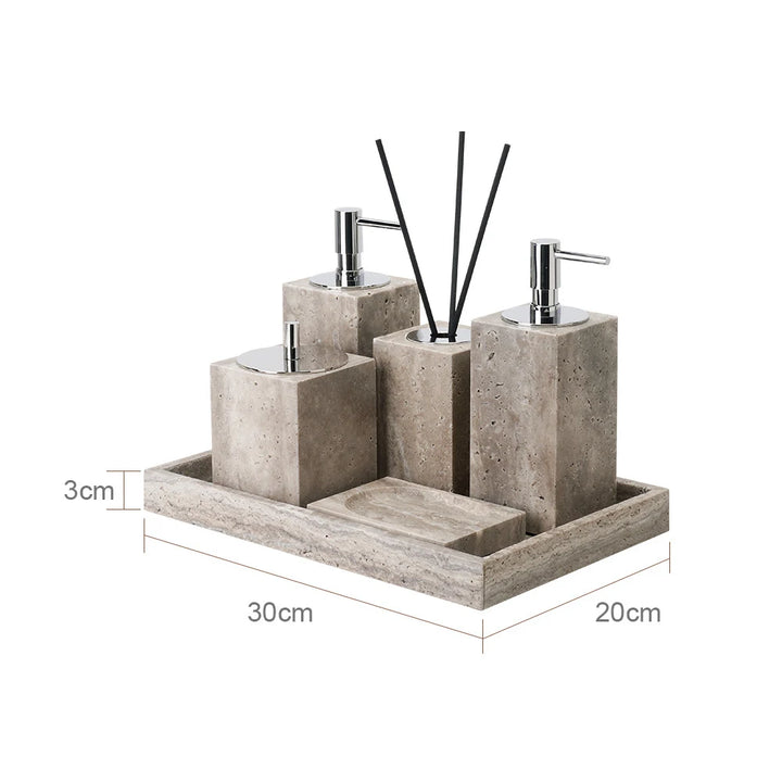 Travertine Bathroom Set – Natural Marble Soap Dispenser & Tray