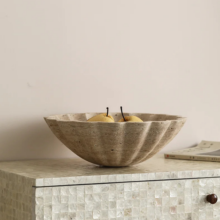 Large Travertine Ruffle Bowl – Marble Serving Tray for Home Decor