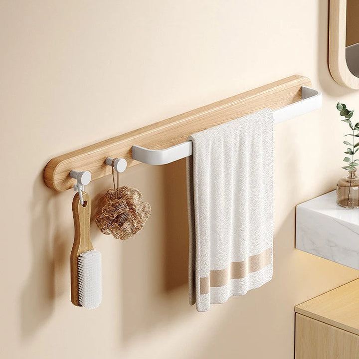 Wood & Aluminum Bathroom Towel Rack – No Punch Hook