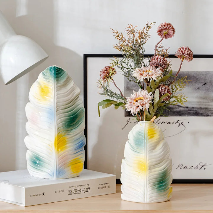 Modern Banana Leaf Ceramic Vase – Colorful Abstract Glazed Decor