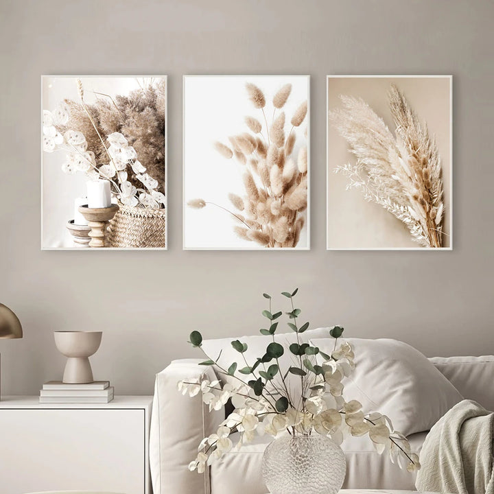 Lienzo decorativo de hierba de la pampa beige: impresiones nórdicas botánicas bohemias para decoración moderna de sala de estar o dormitorio (juego de 3)