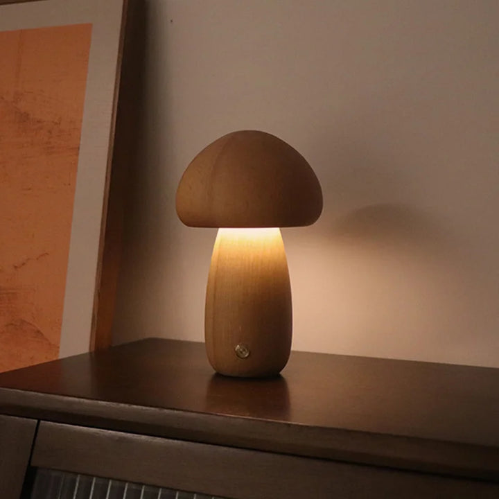 Cute Wooden Mushroom Night Light – Touch Bedside Lamp
