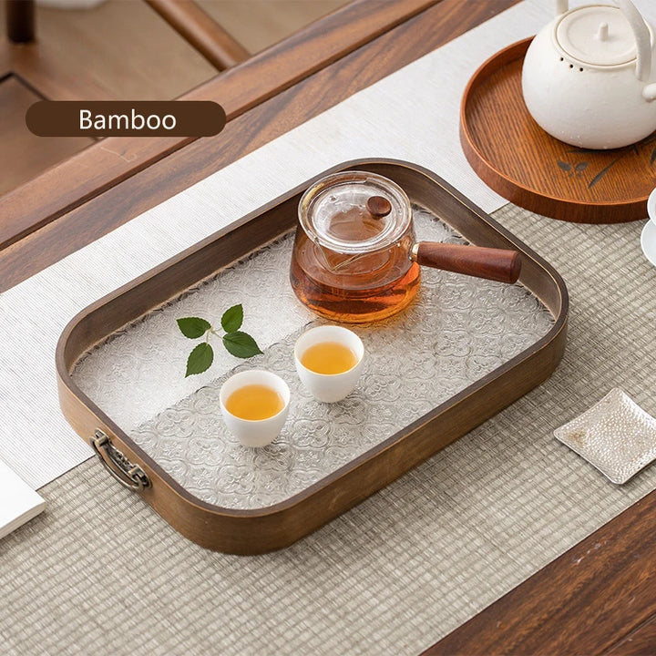 Acrylic Bamboo Tea & Pastry Tray – Minimalist Handle Serving Tray for Home, Kitchen, or Hotel