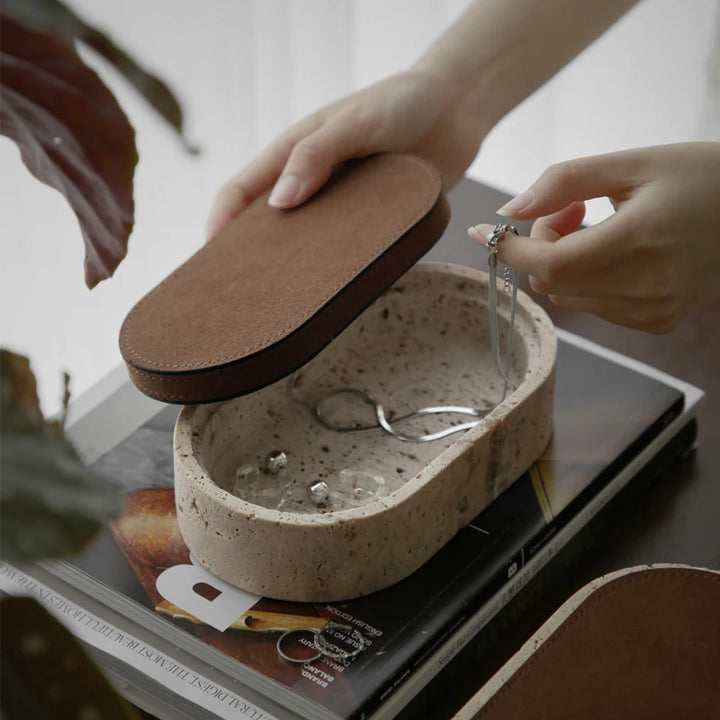 Vintage Travertine Jewelry Box – Luxury Oval Stone Container with Leather Cover for Earrings, Necklaces, and Accessories Storage