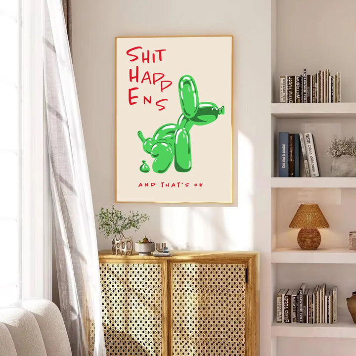 Modern Pink Balloon Dog Canvas Print – "Shit Happens and That’s OK" Quote Poster | Unframed Abstract Wall Art for Living Room & Bedroom