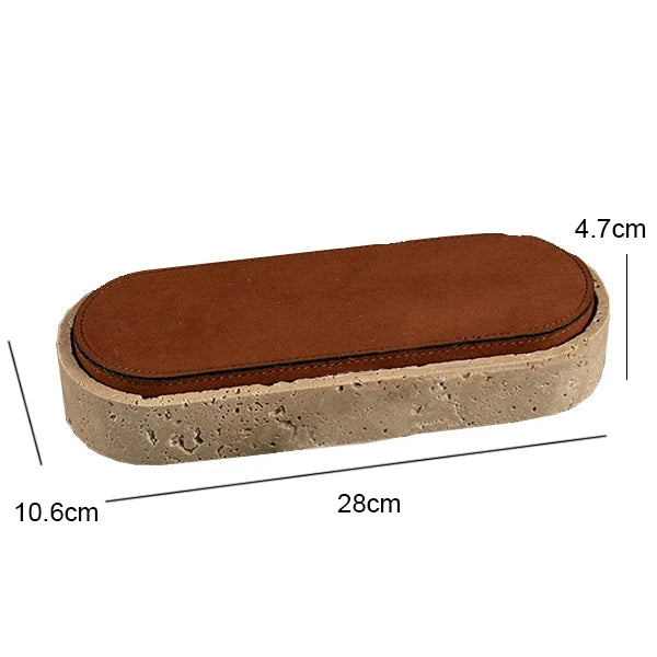 Vintage Travertine Jewelry Box – Luxury Oval Stone Container with Leather Cover for Earrings, Necklaces, and Accessories Storage