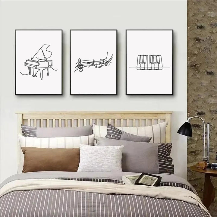 Lienzo abstracto con teclado de piano en blanco y negro: pósteres de pared con partituras nórdicas para decorar el dormitorio y la sala de estar.