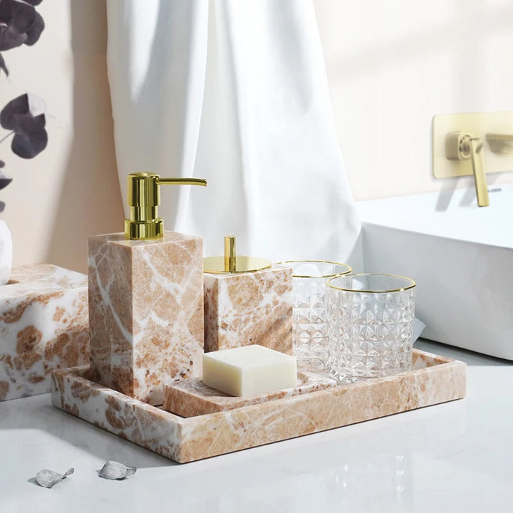 Coral Pink Marble Bathroom Set – 7-Piece Natural Stone Accessories | Soap Dispenser, Toothbrush Holder, Tissue Box, Tray & More