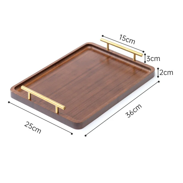 Bamboo Tea Serving Tray with Metal Handle – Right-Angled Wooden Breakfast Tray for Snacks, Drinks, Hotel & Home Use