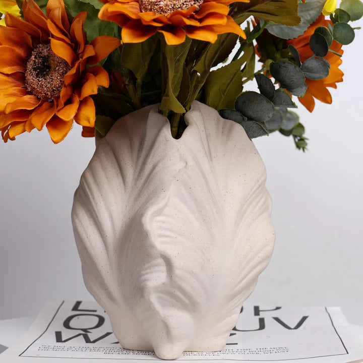 White Leaf Ceramic Vase – Modern Boho Centerpiece Decor