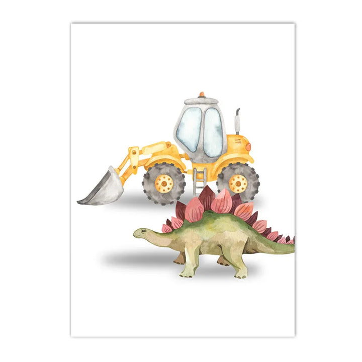 Whimsical Dinosaur Truck & Excavator Canvas Art for Kids Nursery & Boys Room Decor – Nordic Cartoon Wall Print