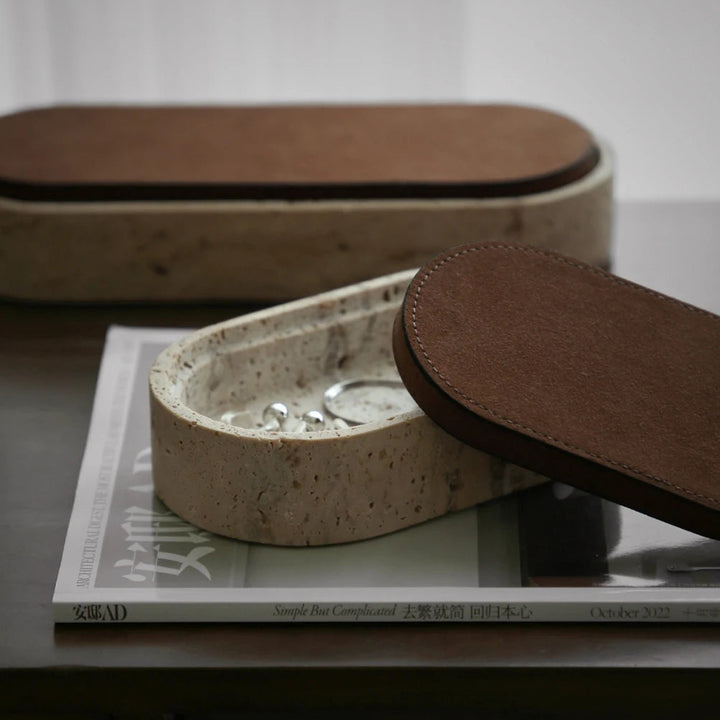 Vintage Travertine Jewelry Box – Leather Covered Stone Container